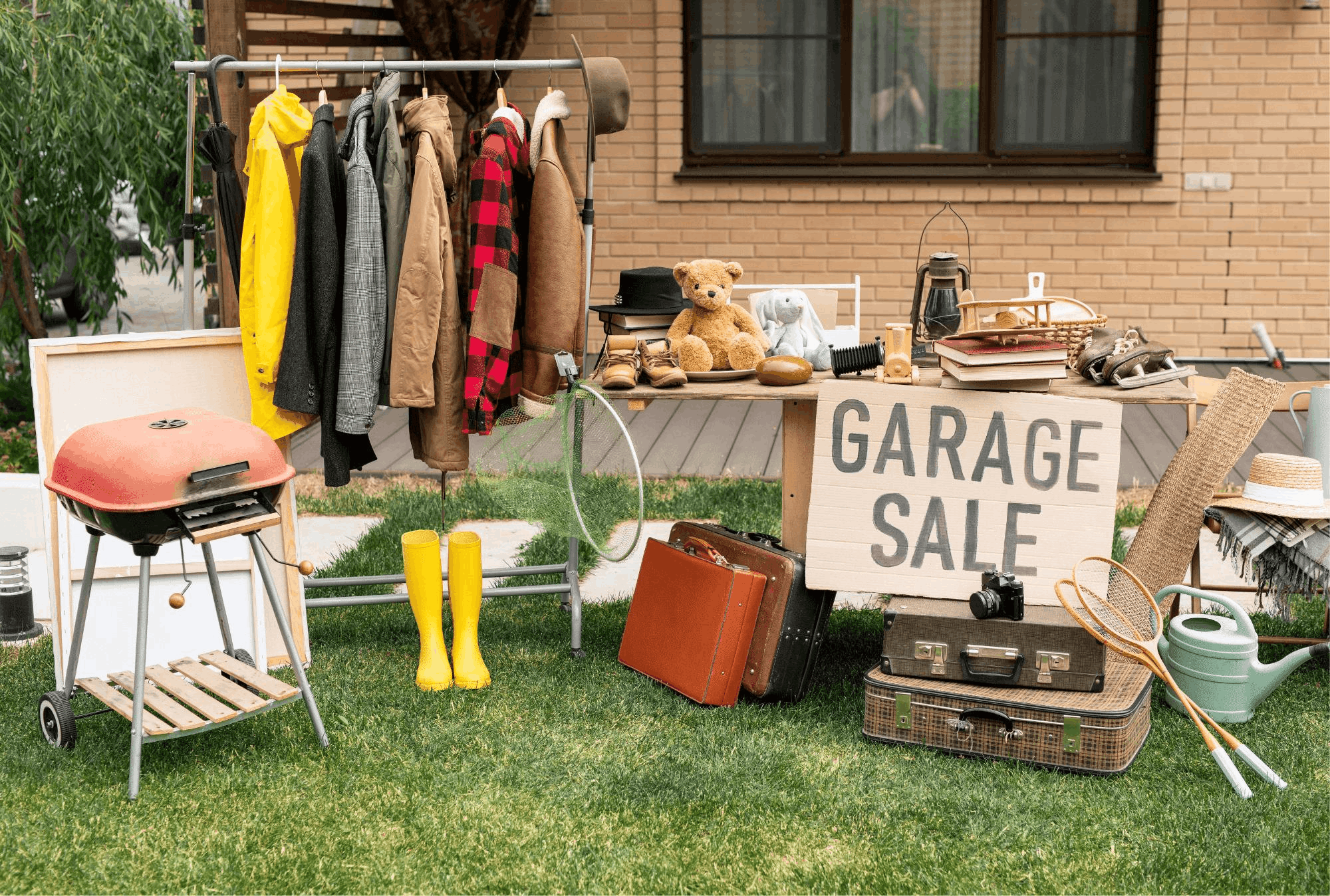 Donated items displayed at a community garage sale fundraiser