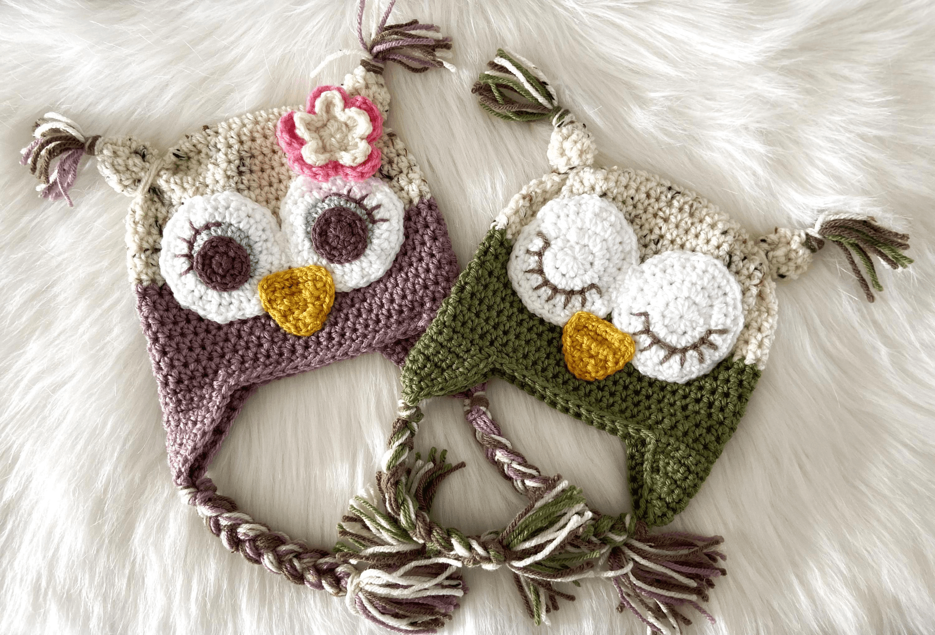 Hand-knit owl hats with detailed crochet design