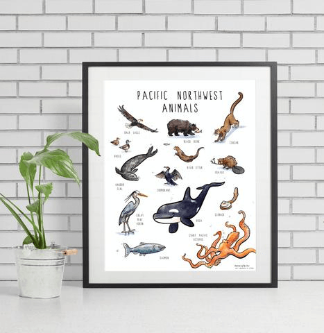 Framed wildlife poster featuring Pacific Northwest animals
